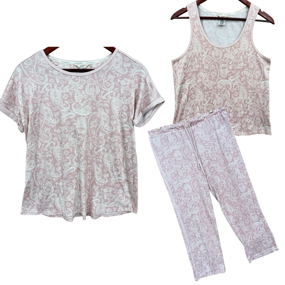 Lucky Brand Lounge Pajama 3 Piece Set Womens Large Pink Floral Sleepwear Comfort